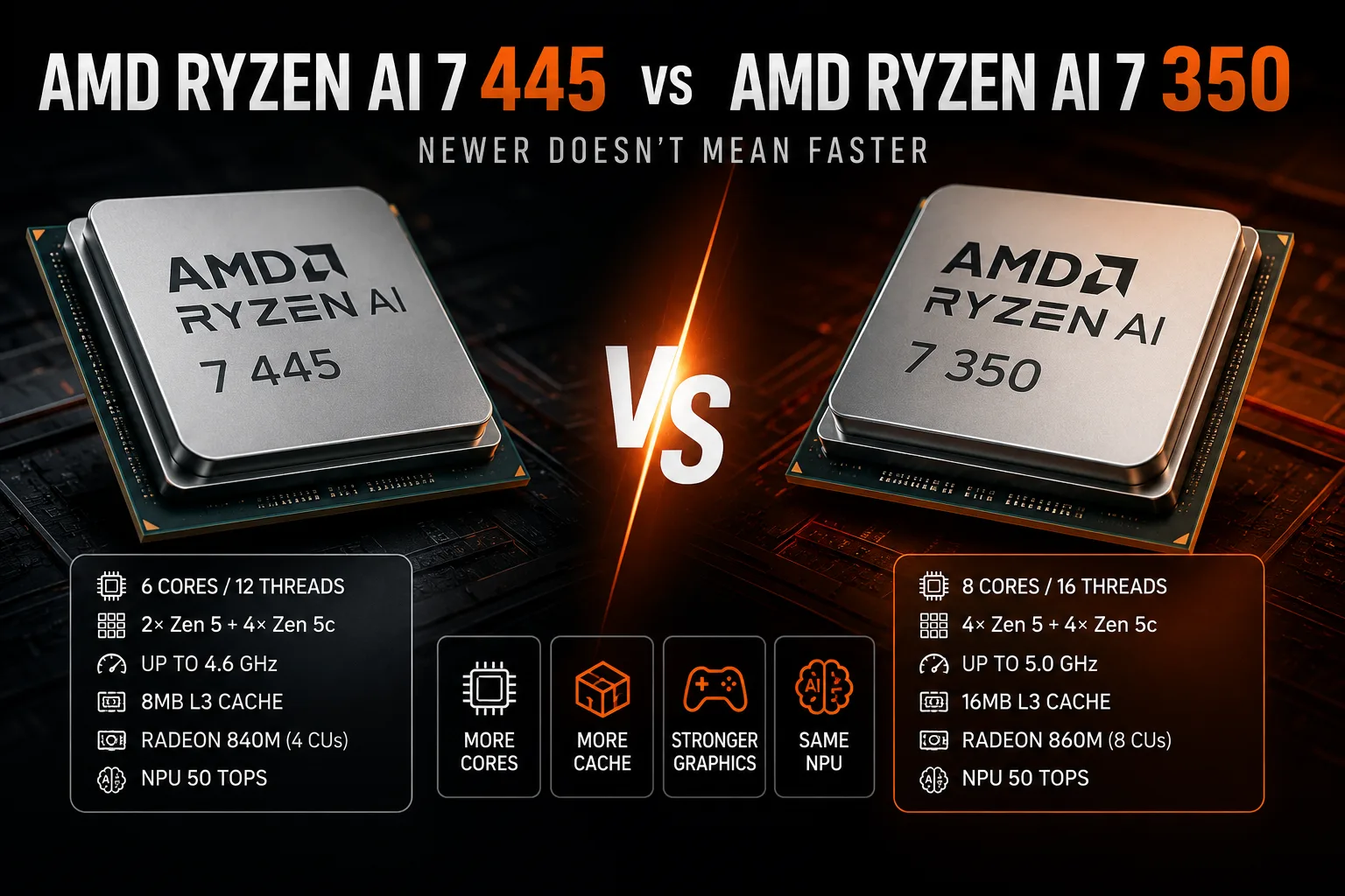 AMD Ryzen AI 7 445 vs AMD Ryzen AI 7 350 プロセッサー比較