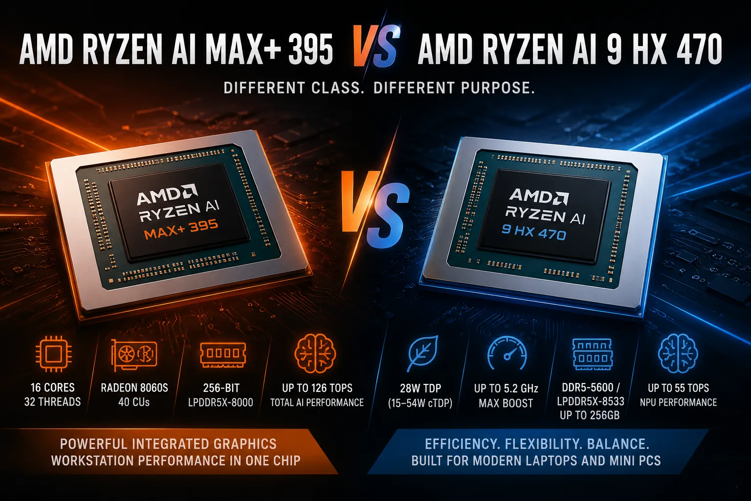 Comparação de processadores AMD Ryzen AI Max+ 395 vs AMD Ryzen AI 9 HX 470