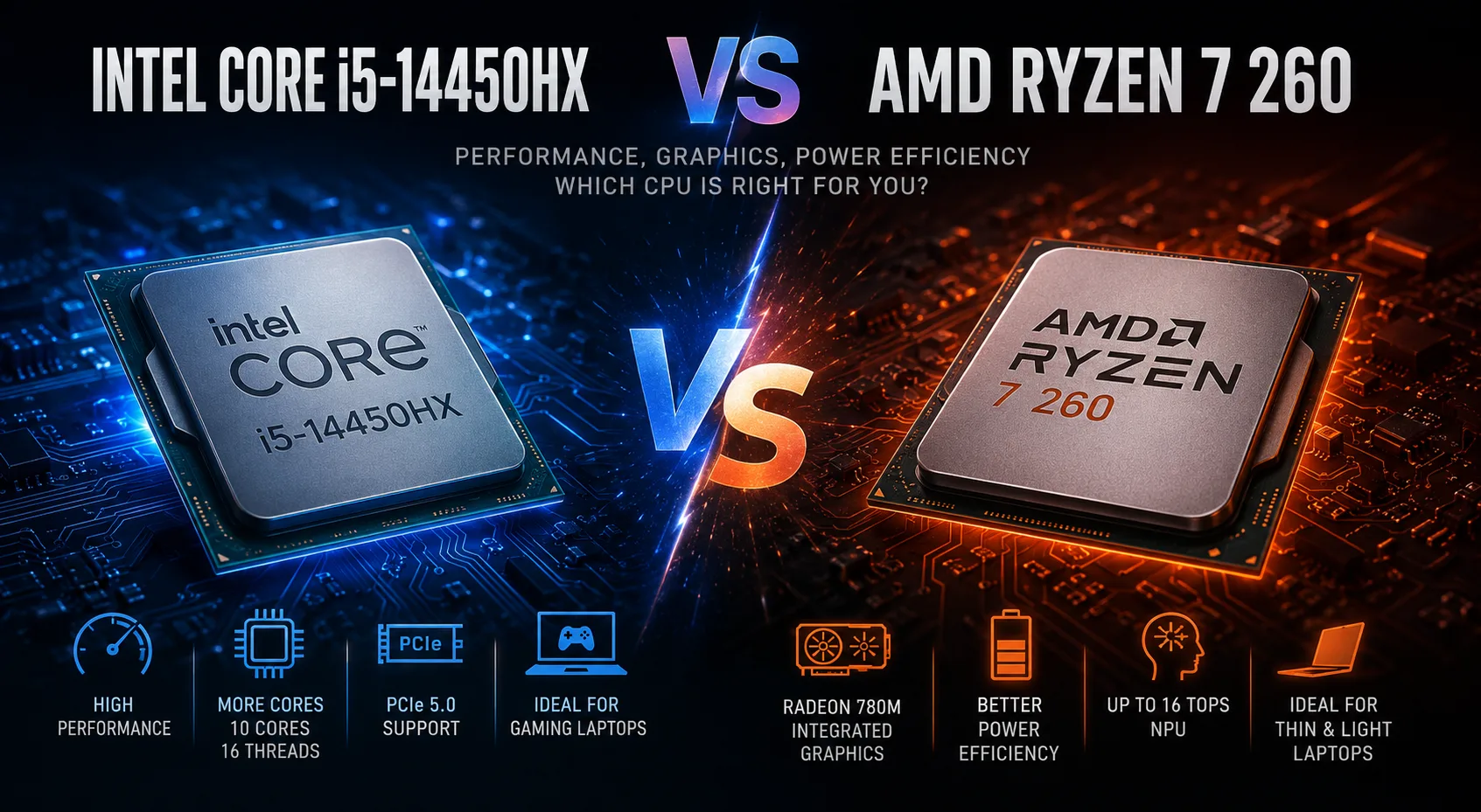 Comparação de processadores Intel Core i5-14450HX vs AMD Ryzen 7 260