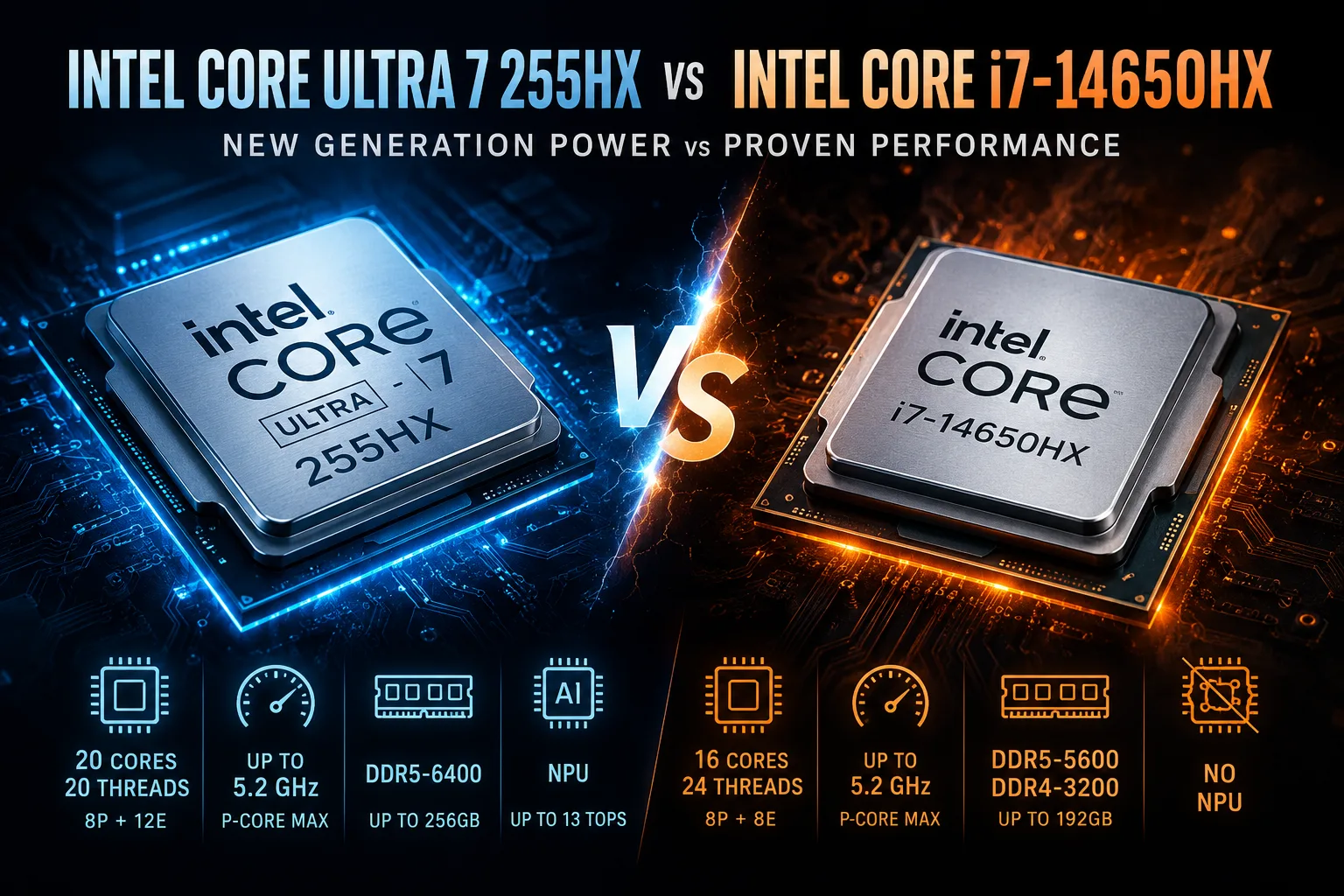 Comparação de processadores Intel Core Ultra 7 255HX vs Intel Core i7-14650HX