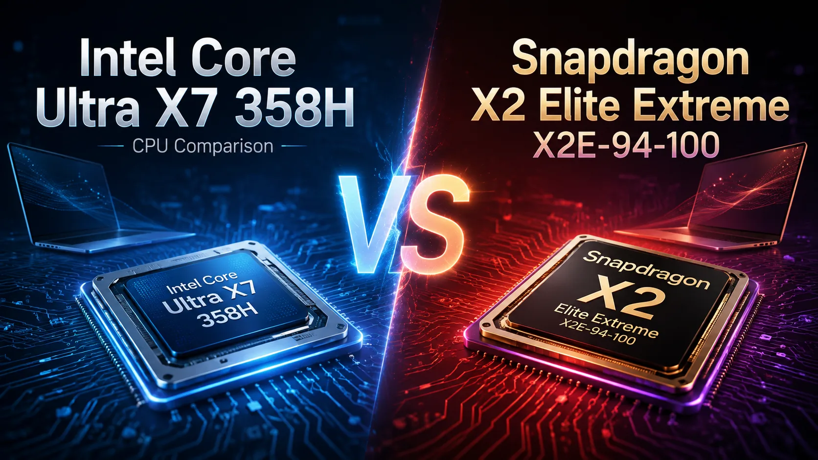 Prozessorvergleich Intel Core Ultra X7 358H vs Qualcomm Snapdragon X2 Elite Extreme X2E-94-100