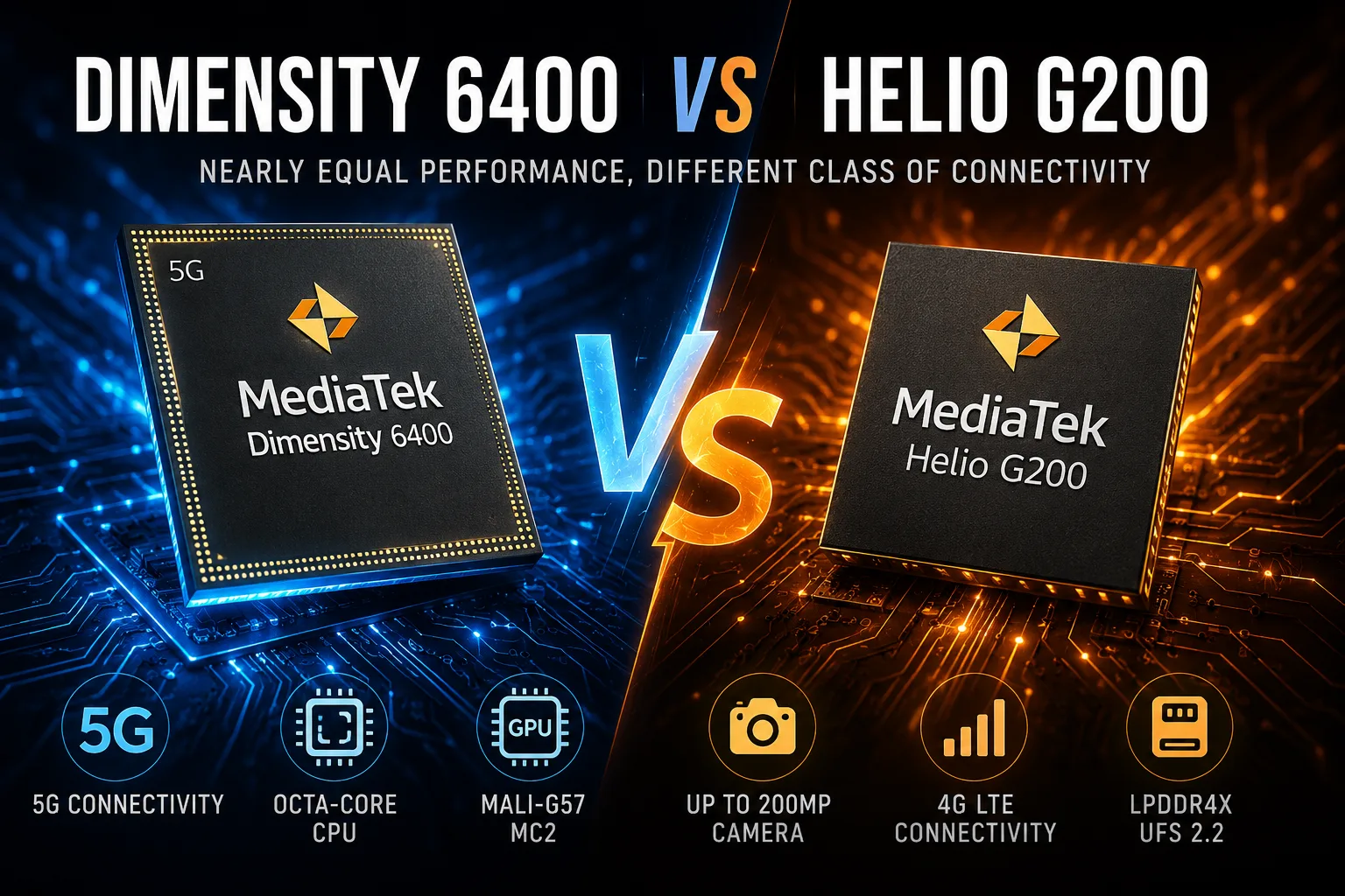 Сравнение мобильных чипсетов MediaTek Dimensity 6400 vs MediaTek Helio G200