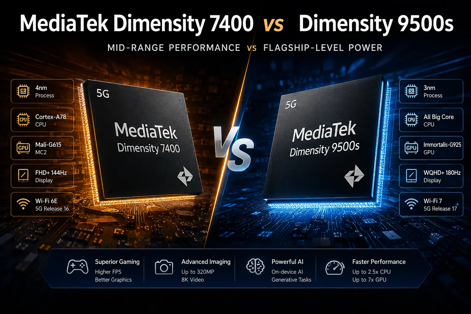 MediaTek Dimensity 7400 vs MediaTek Dimensity 9500s モバイルチップセット比較