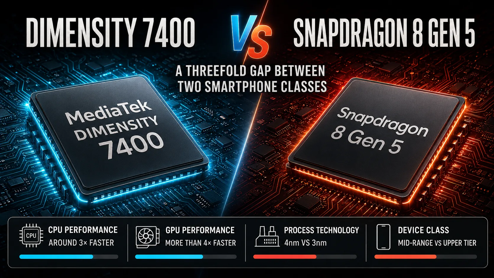 MediaTek Dimensity 7400 vs Qualcomm Snapdragon 8 Gen 5 モバイルチップセット比較