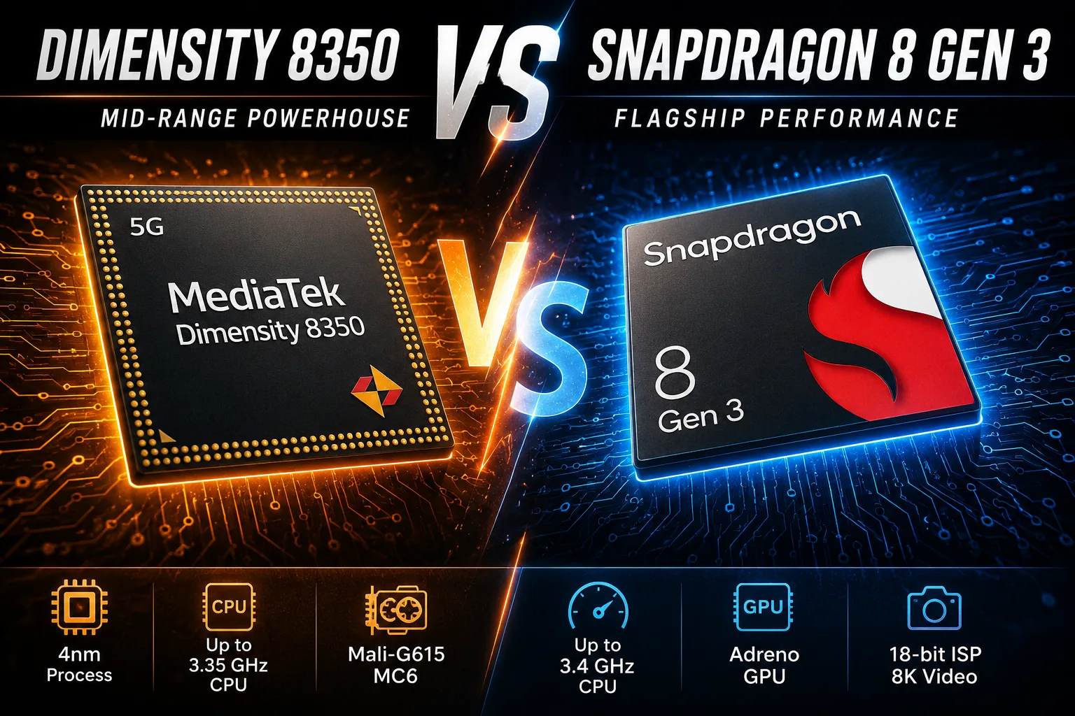 MediaTek Dimensity 8350 vs Qualcomm Snapdragon 8 Gen 3 mobile chipset comparison