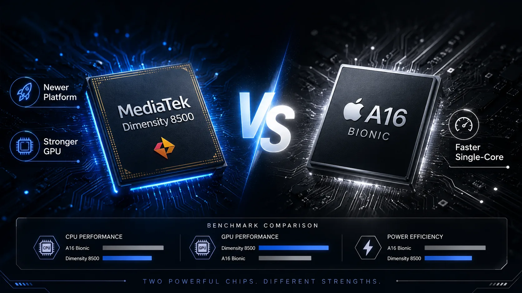 Vergleich mobiler Chipsätze MediaTek Dimensity 8500 vs Apple A16 Bionic