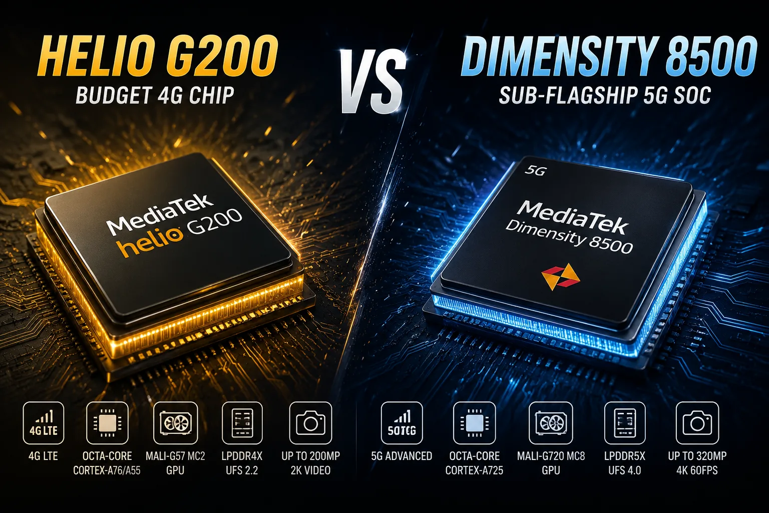 MediaTek Helio G200 vs MediaTek Dimensity 8500 モバイルチップセット比較