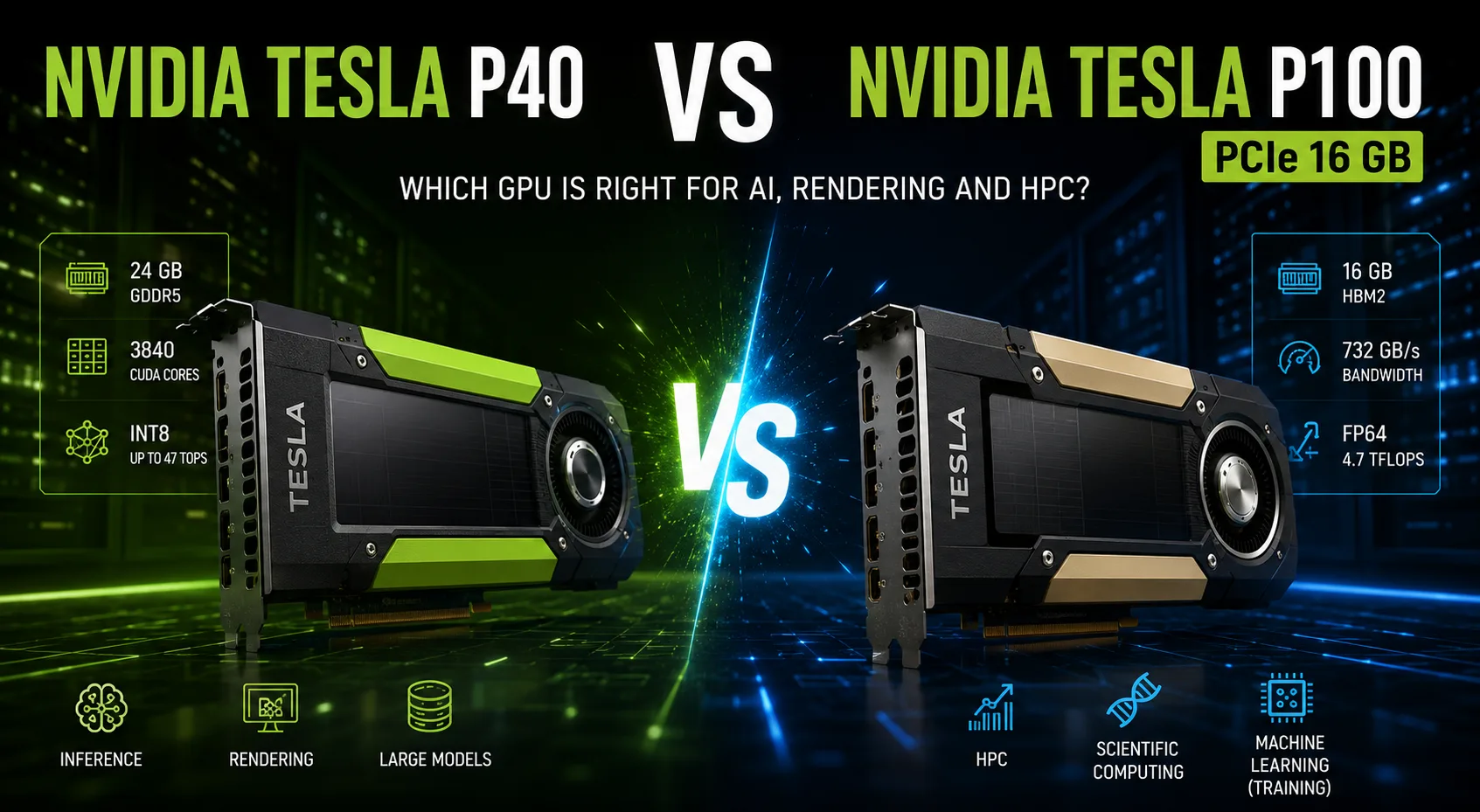 Comparación de tarjetas gráficas NVIDIA Tesla P40 vs NVIDIA Tesla P100 PCIe 16 GB