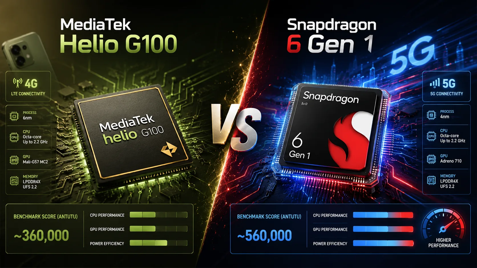 Qualcomm Snapdragon 6 Gen 1 vs MediaTek Helio G100 mobile chipset comparison