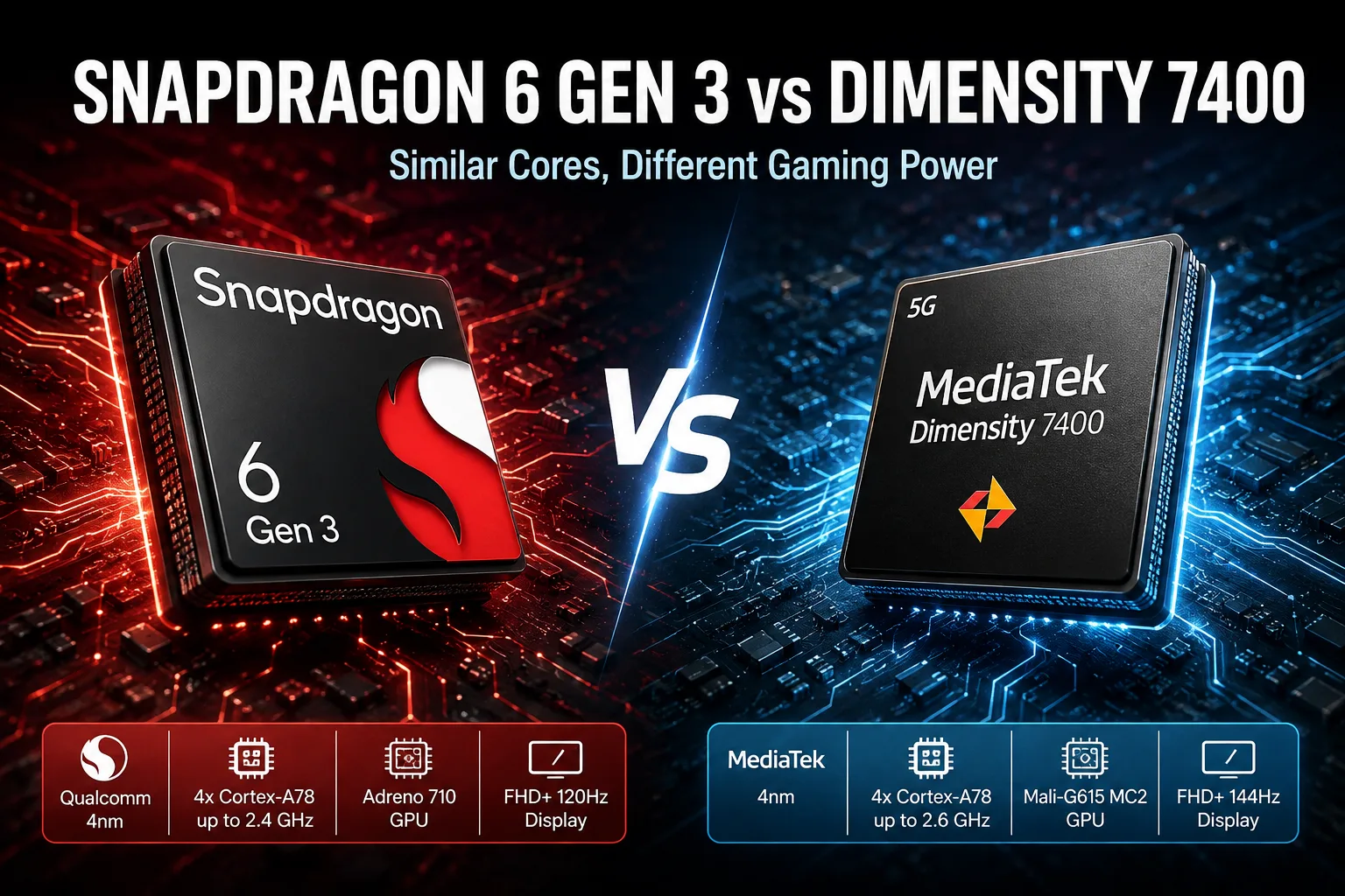 Qualcomm Snapdragon 6 Gen 3 vs MediaTek Dimensity 7400 モバイルチップセット比較