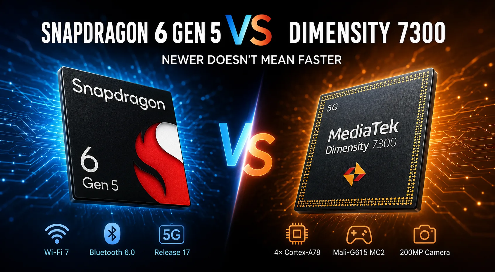 Qualcomm Snapdragon 6 Gen 5 vs MediaTek Dimensity 7300 モバイルチップセット比較