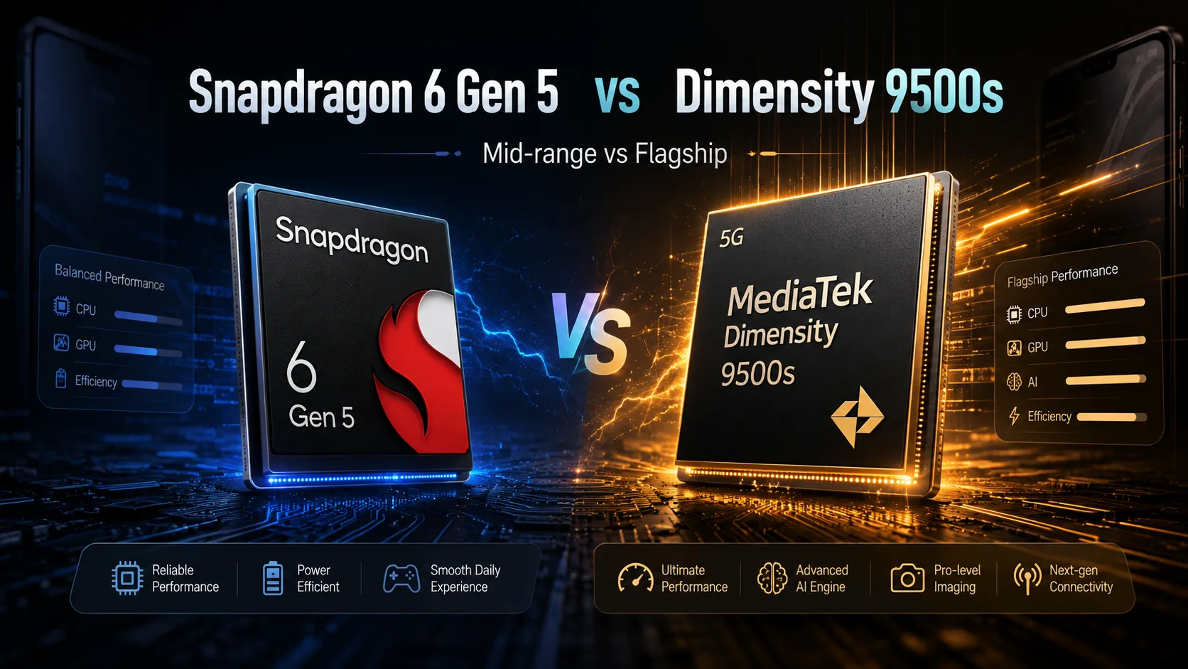 Сравнение мобильных чипсетов Qualcomm Snapdragon 6 Gen 5 vs MediaTek Dimensity 9500s