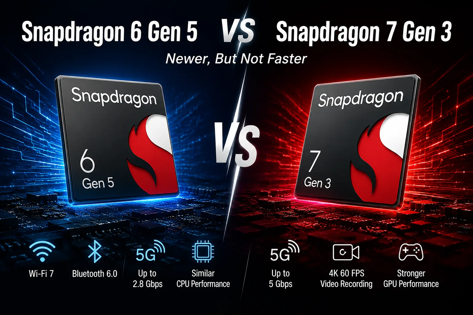 Comparaison de chipsets mobiles Qualcomm Snapdragon 6 Gen 5 vs Qualcomm Snapdragon 7 Gen 3