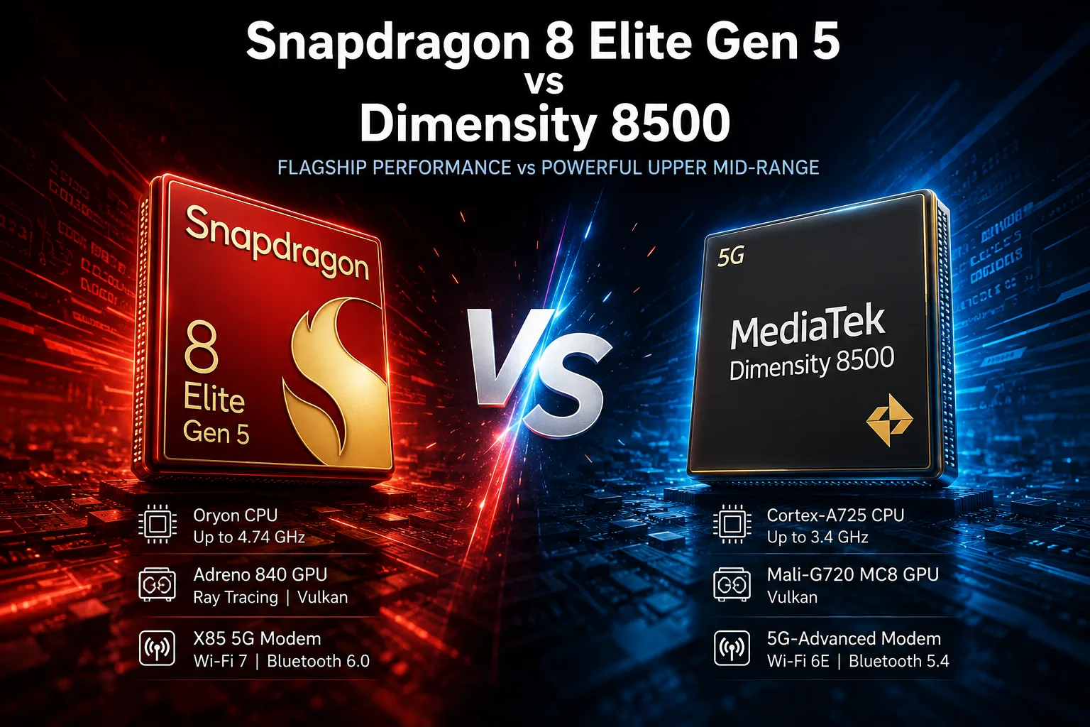 Vergleich mobiler Chipsätze Qualcomm Snapdragon 8 Elite Gen 5 vs MediaTek Dimensity 8500