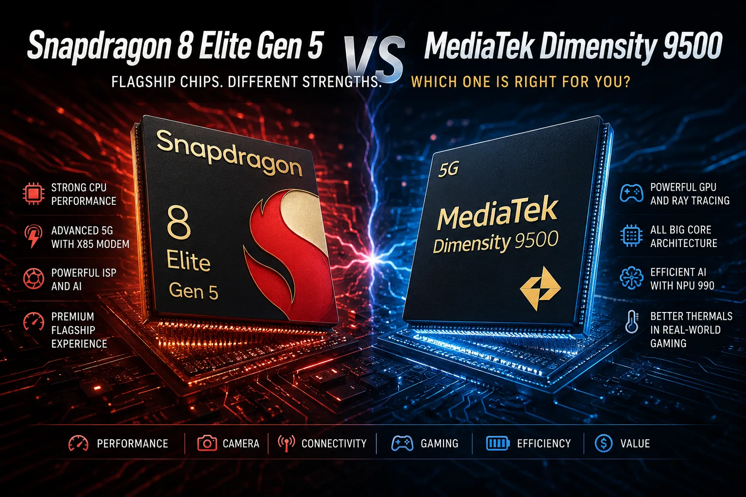Сравнение мобильных чипсетов Qualcomm Snapdragon 8 Elite Gen 5 vs MediaTek Dimensity 9500
