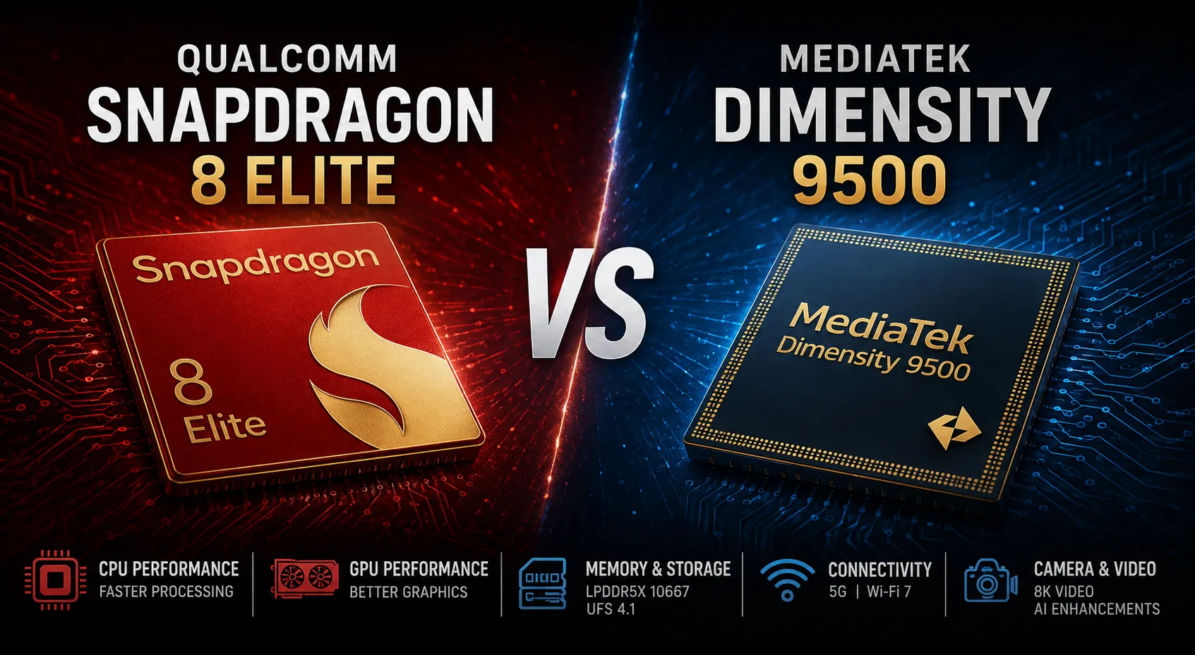 Qualcomm Snapdragon 8 Elite vs MediaTek Dimensity 9500 mobile chipset comparison