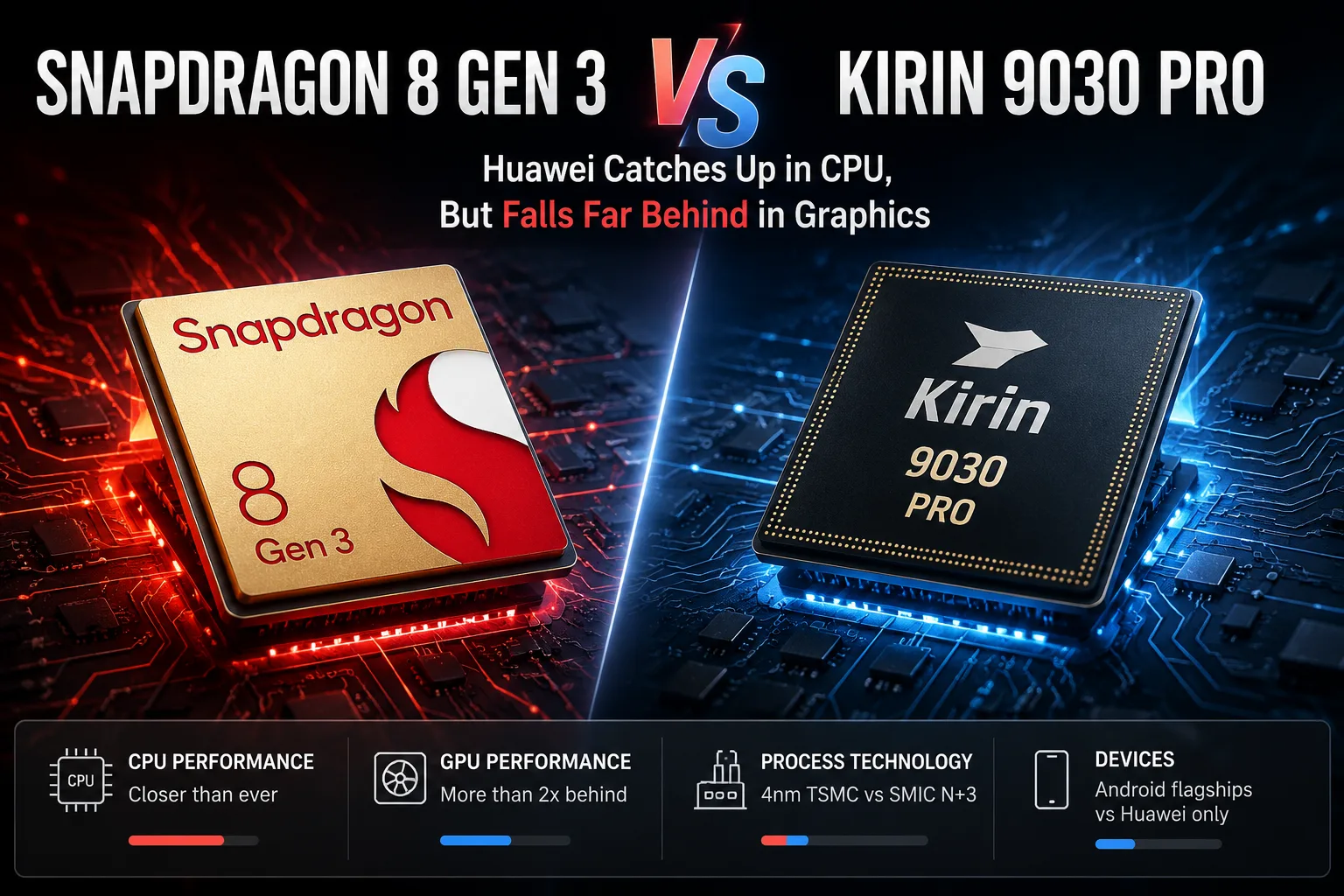 Qualcomm Snapdragon 8 Gen 3 vs HiSilicon Kirin 9030 Pro モバイルチップセット比較