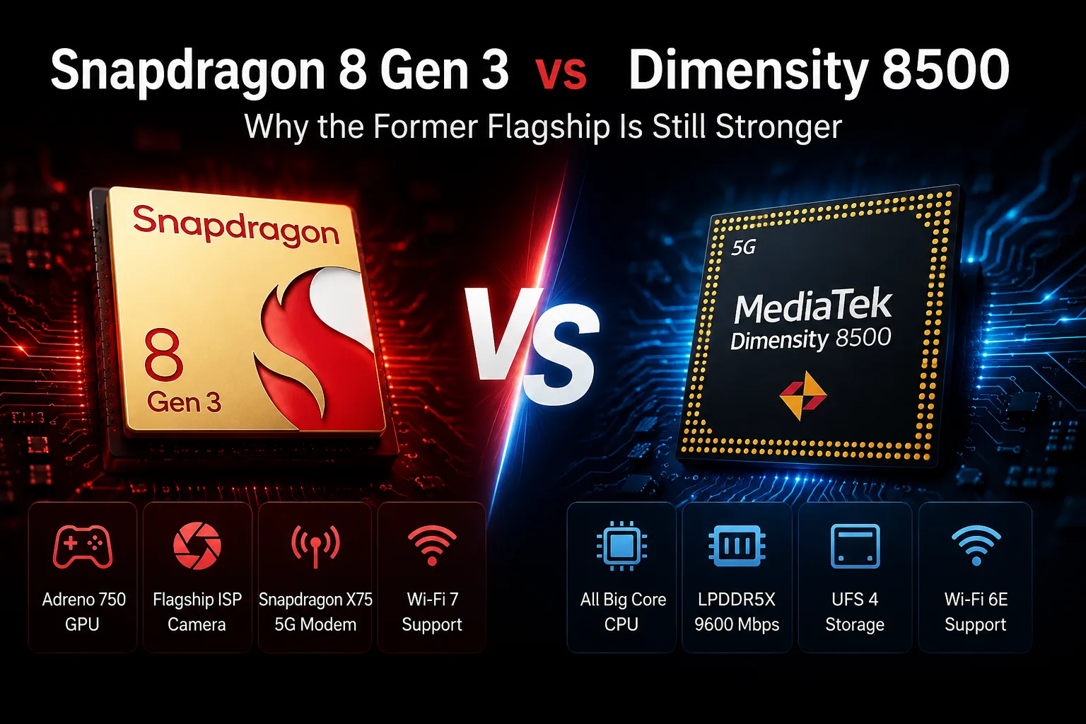 Сравнение мобильных чипсетов Qualcomm Snapdragon 8 Gen 3 vs MediaTek Dimensity 8500